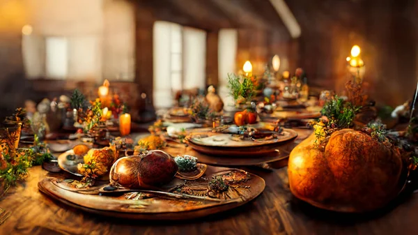 Festive thanksgiving dinner table filled with beautiful thanksgiving food and wonderous, fantastic thanksgiving decorations, large rustic dining room, natural light, photo realistic, cinematic.