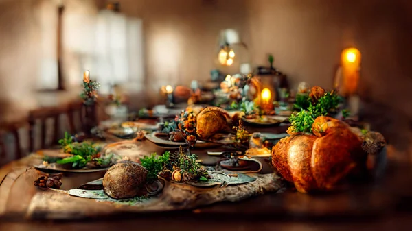 Festive thanksgiving dinner table filled with beautiful thanksgiving food and wonderous, fantastic thanksgiving decorations, large rustic dining room, natural light, photo realistic, cinematic.