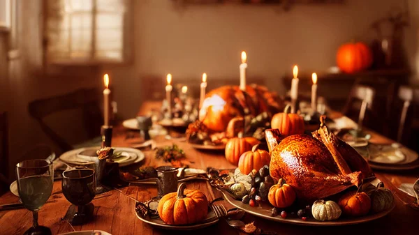 Festive thanksgiving dinner table filled with beautiful thanksgiving food and wonderous, fantastic thanksgiving decorations, large rustic dining room, natural light, photo realistic, cinematic.