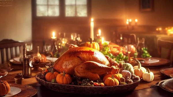 Festive thanksgiving dinner table filled with beautiful thanksgiving food and wonderous, fantastic thanksgiving decorations, large rustic dining room, natural light, photo realistic, cinematic.