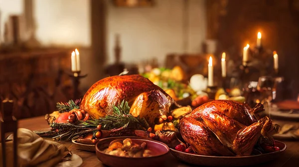 Festive thanksgiving dinner table filled with beautiful thanksgiving food and wonderous, fantastic thanksgiving decorations, large rustic dining room, natural light, photo realistic, cinematic.