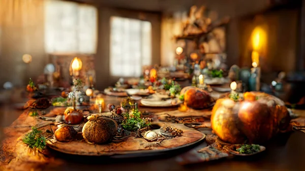 Festive thanksgiving dinner table filled with beautiful thanksgiving food and wonderous, fantastic thanksgiving decorations, large rustic dining room, natural light, photo realistic, cinematic.