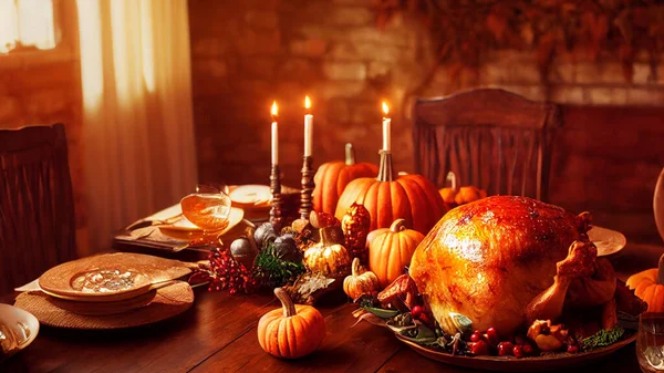 Festive thanksgiving dinner table filled with beautiful thanksgiving food and wonderous, fantastic thanksgiving decorations, large rustic dining room, natural light, photo realistic, cinematic.