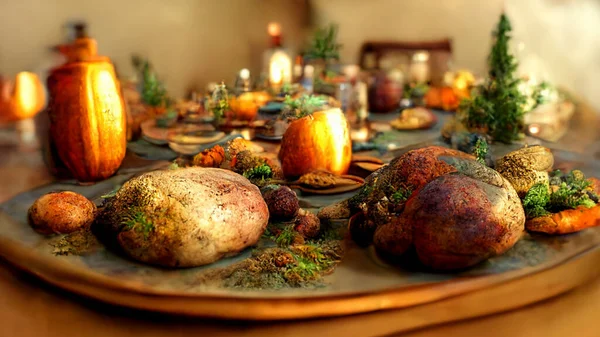 Festive thanksgiving dinner table filled with beautiful thanksgiving food and wonderous, fantastic thanksgiving decorations, large rustic dining room, natural light, photo realistic, cinematic.