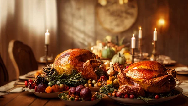 Festive thanksgiving dinner table filled with beautiful thanksgiving food and wonderous, fantastic thanksgiving decorations, large rustic dining room, natural light, photo realistic, cinematic.