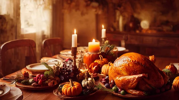 Festive thanksgiving dinner table filled with beautiful thanksgiving food and wonderous, fantastic thanksgiving decorations, large rustic dining room, natural light, photo realistic, cinematic.