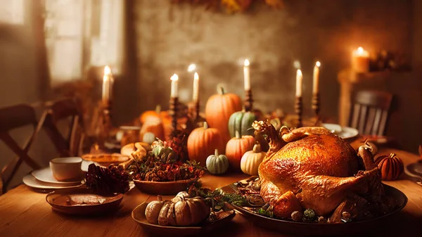 Festive thanksgiving dinner table filled with beautiful thanksgiving food and wonderous, fantastic thanksgiving decorations, large rustic dining room, natural light, photo realistic, cinematic.