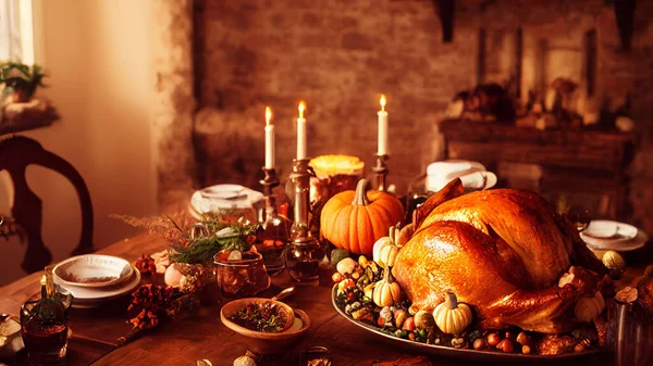 Festive thanksgiving dinner table filled with beautiful thanksgiving food and wonderous, fantastic thanksgiving decorations, large rustic dining room, natural light, photo realistic, cinematic.