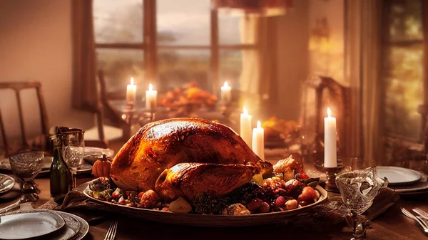 Festive thanksgiving dinner table filled with beautiful thanksgiving food and wonderous, fantastic thanksgiving decorations, large rustic dining room, natural light, photo realistic, cinematic.