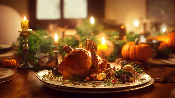 Festive thanksgiving dinner table filled with beautiful thanksgiving food and wonderous, fantastic thanksgiving decorations, large rustic dining room, natural light, photo realistic, cinematic.