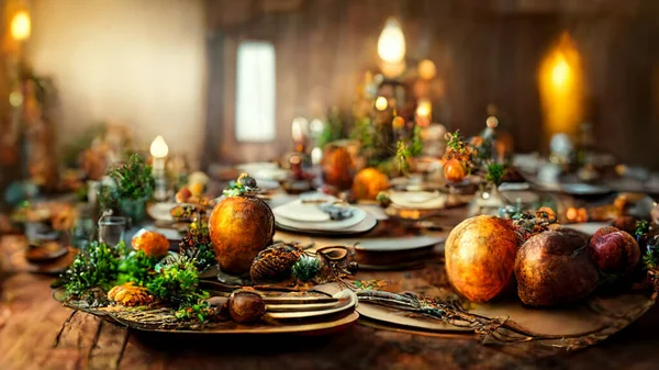 Festive thanksgiving dinner table filled with beautiful thanksgiving food and wonderous, fantastic thanksgiving decorations, large rustic dining room, natural light, photo realistic, cinematic.