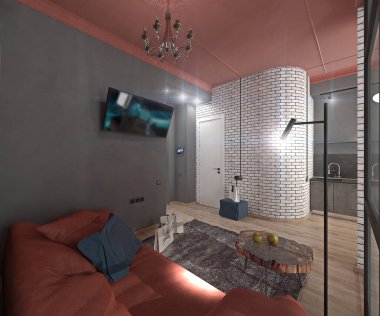 Çatı katı tarzı bir daire. Oturma odası. Modern tarzda iç mekanlar. 3 Boyutlu Hazırlama 