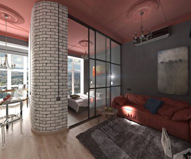 Çatı katı tarzı bir daire. Oturma odası. Modern tarzda iç mekanlar. 3 Boyutlu Hazırlama 