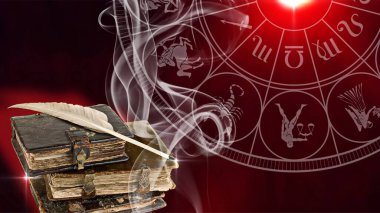 Astroloji, mistisizm, ezoterizm, tarot kartları, gelecek tahmini. Sancak, arkaplan, illüstrasyon. 
