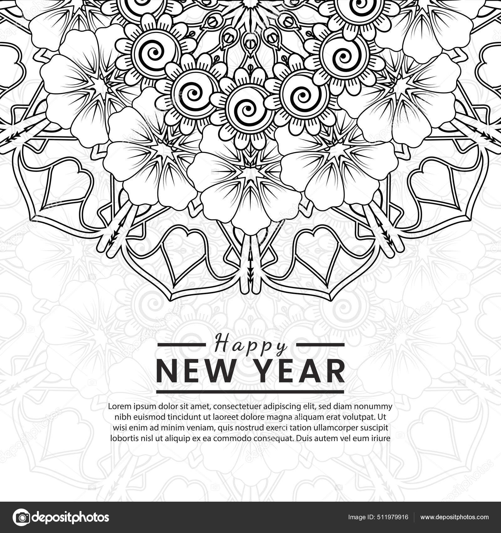 Happy New Year Banner Card Template Mehndi Flower Stock Vector by ©Rezi