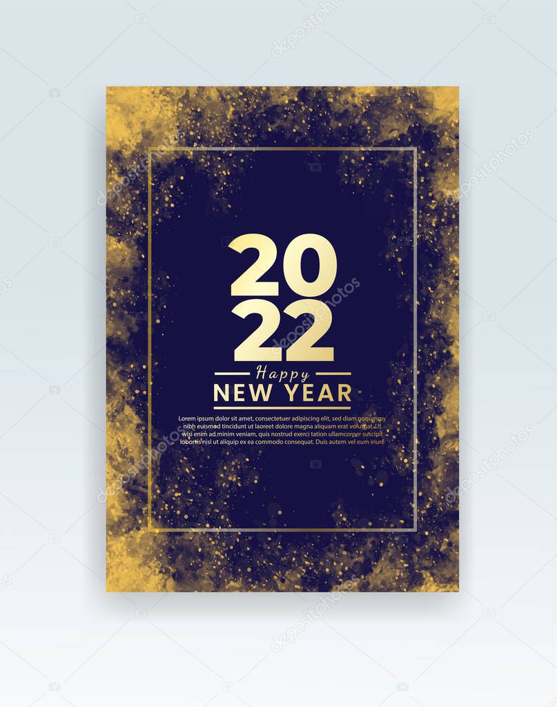 Happy new year 2022 poster or card template with watercolor wash splash 