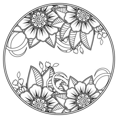 Mehndi 'nin kına, mehndi, dövme, dekorasyon çiçeği. Etnik oryantal tarzda dekoratif süs, karalama süsü, el çizimi. Boyama kitabı sayfası.