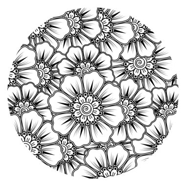 Mehndi 'nin kına, mehndi, dövme, dekorasyon çiçeği. Etnik oryantal tarzda dekoratif süs, karalama süsü, el çizimi. Boyama kitabı sayfası.