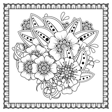 Mehndi 'nin kına, mehndi, dövme, dekorasyon çiçeği. Etnik oryantal tarzda dekoratif süs, karalama süsü, el çizimi. Boyama kitabı sayfası.
