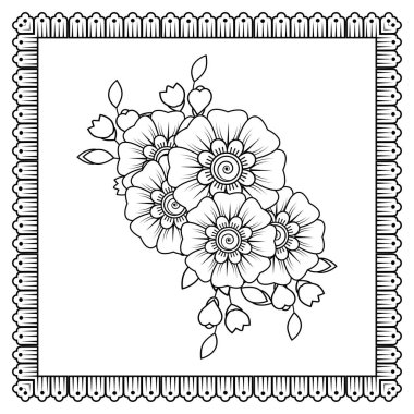 Mehndi 'nin kına, mehndi, dövme, dekorasyon çiçeği. Etnik oryantal tarzda dekoratif süs, karalama süsü, el çizimi. Boyama kitabı sayfası.