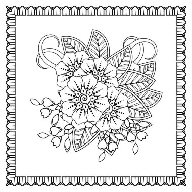 Mehndi 'nin kına, mehndi, dövme, dekorasyon çiçeği. Etnik oryantal tarzda dekoratif süs, karalama süsü, el çizimi. Boyama kitabı sayfası.