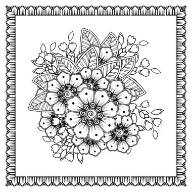 Mehndi 'nin kına, mehndi, dövme, dekorasyon çiçeği. Etnik oryantal tarzda dekoratif süs, karalama süsü, el çizimi. Boyama kitabı sayfası.