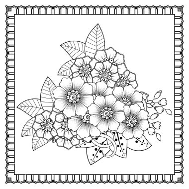 Mehndi 'nin kına, mehndi, dövme, dekorasyon çiçeği. Etnik oryantal tarzda dekoratif süs, karalama süsü, el çizimi. Boyama kitabı sayfası.