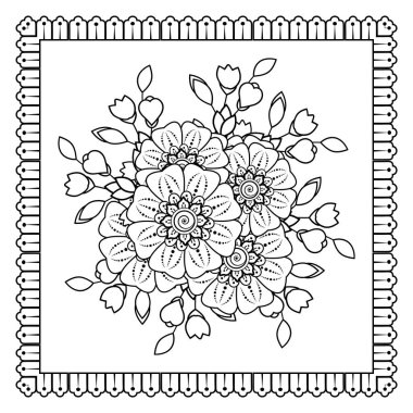 Mehndi 'nin kına, mehndi, dövme, dekorasyon çiçeği. Etnik oryantal tarzda dekoratif süs, karalama süsü, el çizimi. Boyama kitabı sayfası.