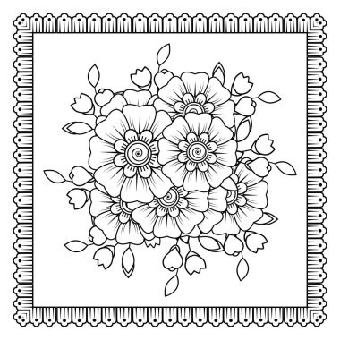 Mehndi 'nin kına, mehndi, dövme, dekorasyon çiçeği. Etnik oryantal tarzda dekoratif süs, karalama süsü, el çizimi. Boyama kitabı sayfası.