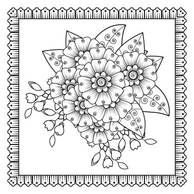 Mehndi 'nin kına, mehndi, dövme, dekorasyon çiçeği. Etnik oryantal tarzda dekoratif süs, karalama süsü, el çizimi. Boyama kitabı sayfası.