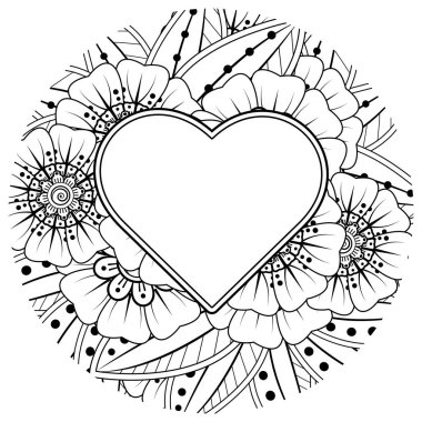 Mehndi 'nin kına, mehndi, dövme, dekorasyon çiçeği. Etnik oryantal tarzda dekoratif süs, karalama süsü, el çizimi. Boyama kitabı sayfası.