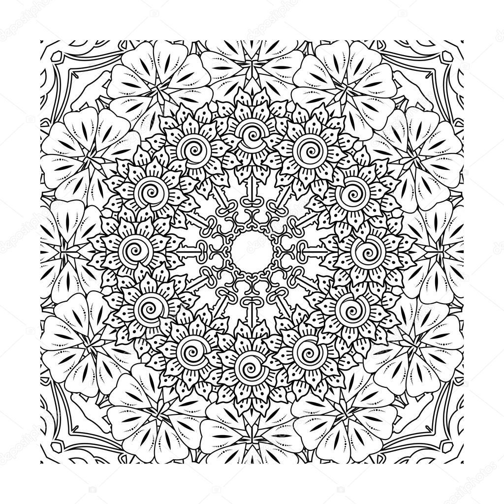 Mehndi flower for henna, mehndi, tattoo, decoration. Decorative ornament in ethnic oriental style, doodle ornament, outline hand draw. Coloring book page.