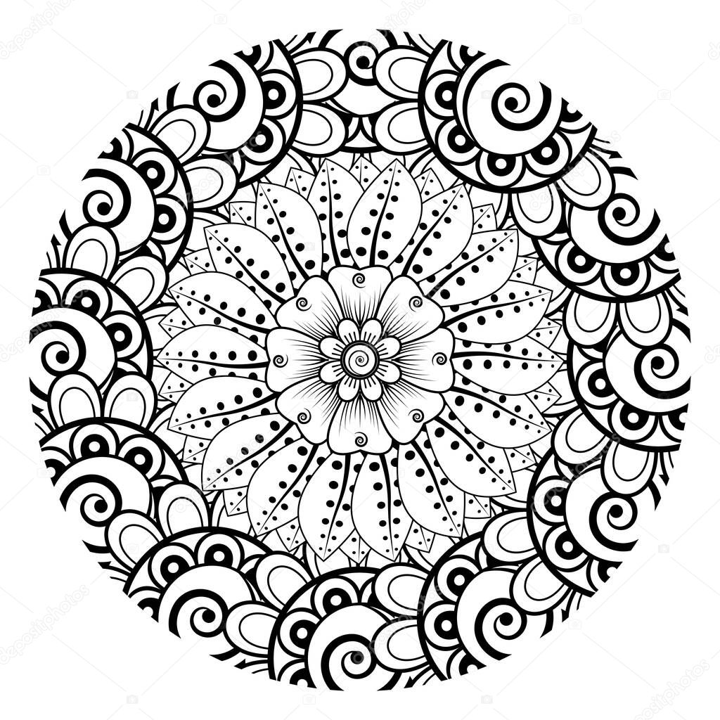 Mehndi flower for henna, mehndi, tattoo, decoration. Decorative ornament in ethnic oriental style, doodle ornament, outline hand draw. Coloring book page.