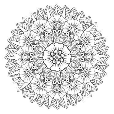 Mehndi 'nin kına, mehndi, dövme, dekorasyon çiçeği. Etnik oryantal tarzda dekoratif süs, karalama süsü, el çizimi. Boyama kitabı sayfası.