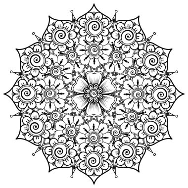 Henna, Mehndi, dövme, dekorasyon için mandala şeklinde dairesel desen. Etnik doğu tarzında dekoratif süs. Boyama kitabı sayfası.