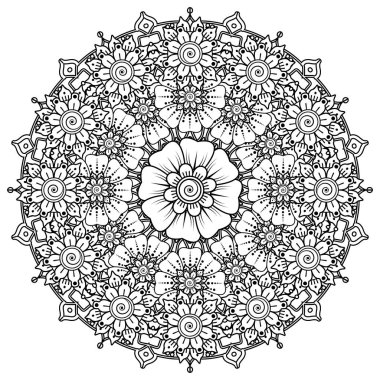 Siyah ve beyaz çiçekler. Boyama kitabı için karalama sanatı. Henna Mehndi dövme dekorasyonu için mandala şeklinde dairesel desen.