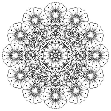 Siyah ve beyaz çiçekler. Boyama kitabı için karalama sanatı. Henna Mehndi dövme dekorasyonu için mandala şeklinde dairesel desen.