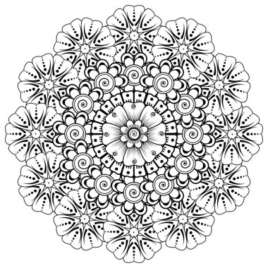 Siyah ve beyaz çiçekler. Boyama kitabı için karalama sanatı. Henna Mehndi dövme dekorasyonu için mandala şeklinde dairesel desen.