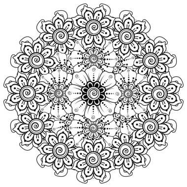 Siyah ve beyaz çiçekler. Boyama kitabı için karalama sanatı. Henna Mehndi dövme dekorasyonu için mandala şeklinde dairesel desen.