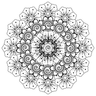 Siyah ve beyaz çiçekler. Boyama kitabı için karalama sanatı. Henna Mehndi dövme dekorasyonu için mandala şeklinde dairesel desen.