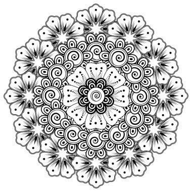Siyah ve beyaz çiçekler. Boyama kitabı için karalama sanatı. Henna Mehndi dövme dekorasyonu için mandala şeklinde dairesel desen.