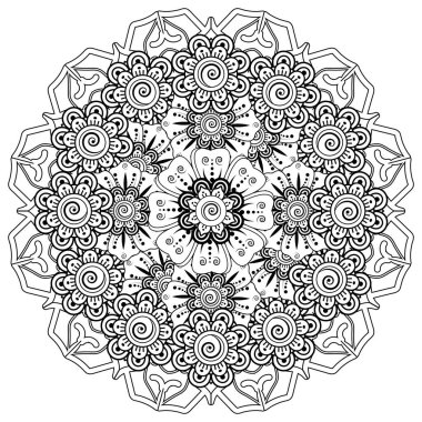 Siyah ve beyaz çiçekler. Boyama kitabı için karalama sanatı. Henna Mehndi dövme dekorasyonu için mandala şeklinde dairesel desen.