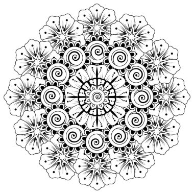 Siyah ve beyaz çiçekler. Boyama kitabı için karalama sanatı. Henna Mehndi dövme dekorasyonu için mandala şeklinde dairesel desen.