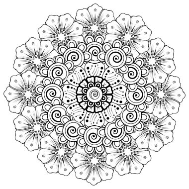 Siyah ve beyaz çiçekler. Boyama kitabı için karalama sanatı. Henna Mehndi dövme dekorasyonu için mandala şeklinde dairesel desen.