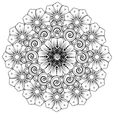 Siyah ve beyaz çiçekler. Boyama kitabı için karalama sanatı. Henna Mehndi dövme dekorasyonu için mandala şeklinde dairesel desen.