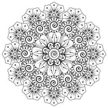 Siyah ve beyaz çiçekler. Boyama kitabı için karalama sanatı. Henna Mehndi dövme dekorasyonu için mandala şeklinde dairesel desen.