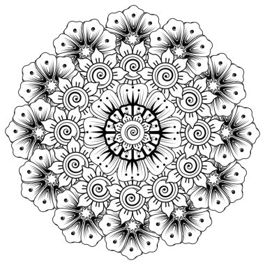 Siyah ve beyaz çiçekler. Boyama kitabı için karalama sanatı. Henna Mehndi dövme dekorasyonu için mandala şeklinde dairesel desen.
