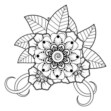 Siyah ve beyaz çiçekler. Boyama kitabı için karalama sanatı. Henna Mehndi dövme dekorasyonu için mandala şeklinde dairesel desen.