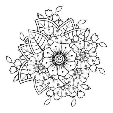 Siyah ve beyaz çiçekler. Boyama kitabı için karalama sanatı. Henna Mehndi dövme dekorasyonu için mandala şeklinde dairesel desen.