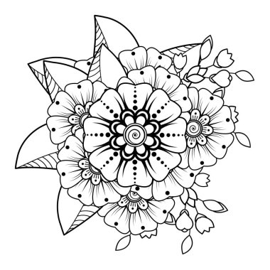 Siyah ve beyaz çiçekler. Boyama kitabı için karalama sanatı. Henna Mehndi dövme dekorasyonu için mandala şeklinde dairesel desen.